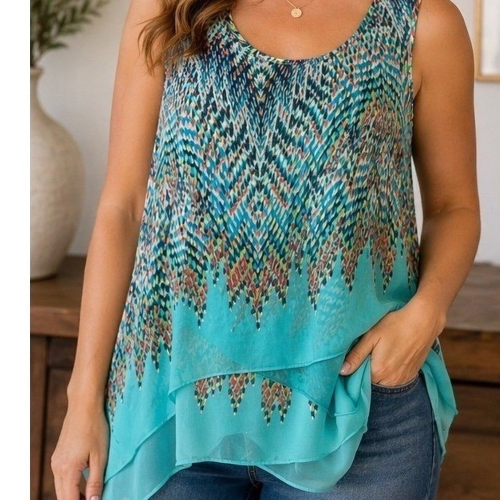 Live and Let Live Teal Abstract Chevron Layered Handkerchief‎ Hem Blouse XL
